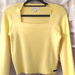 Calvin Klein Jeans Yellow Ribbed knit Square neckline cropped L/S Top Sz M